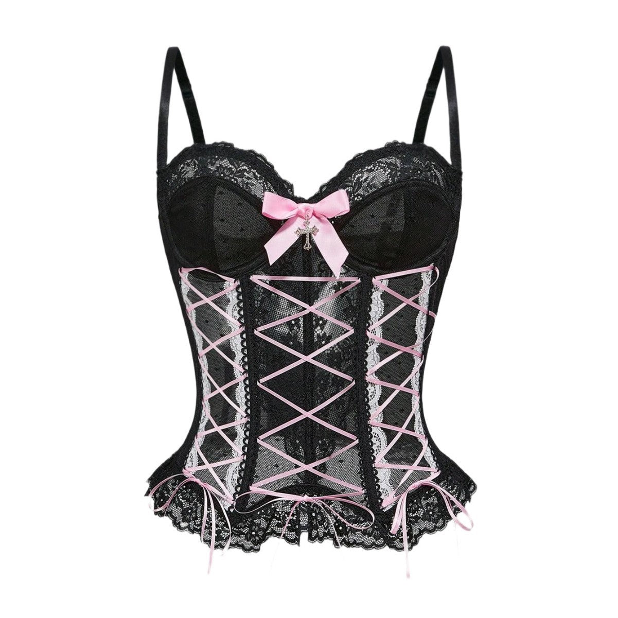 Gothic Romance Black Lace Corset Top with Pink Ribbon & Cross Charm - Halloween & Party Ready!