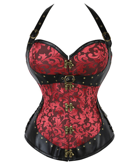 Women's Steampunk Halter Corset Top - Brocade & Buckle Goth-Chic for Halloween & Fall Parties
