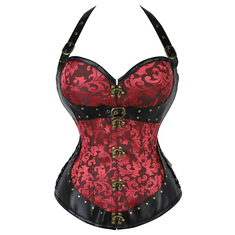 Women's Steampunk Halter Corset Top - Brocade & Buckle Goth-Chic for Halloween & Fall Parties