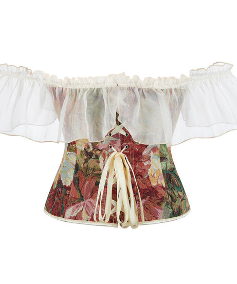Autumn Enchantment Floral Tapestry Corset Top - Romantic Off-Shoulder Ruffle