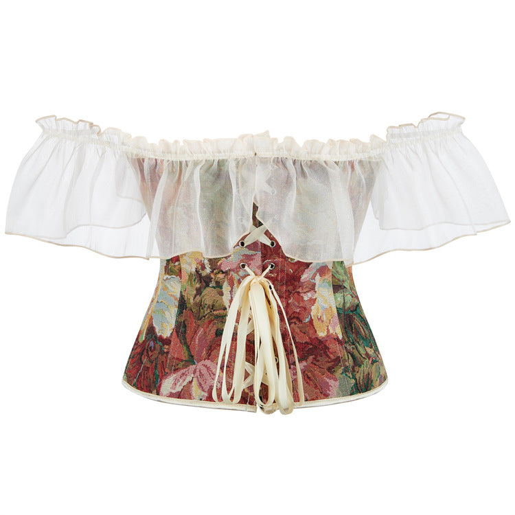 Autumn Enchantment Floral Tapestry Corset Top - Romantic Off-Shoulder Ruffle
