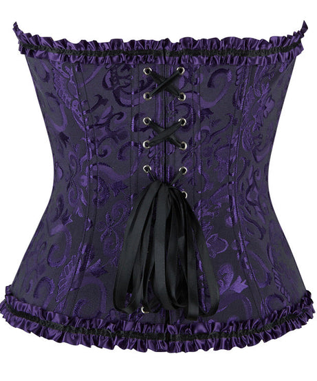 Enchanting Plum Brocade Corset Top with Ruffle Trim | Perfect for Halloween, Fall & Holiday Parties