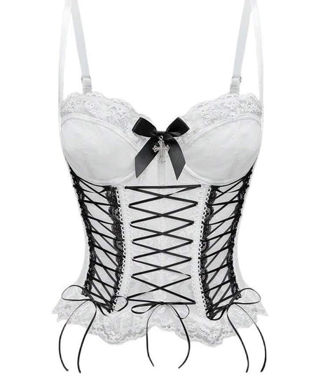 Gothic Romance Black Lace Corset Top with Pink Ribbon & Cross Charm - Halloween & Party Ready!