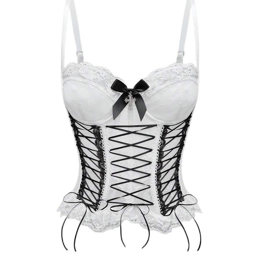 Gothic Romance Black Lace Corset Top with Pink Ribbon & Cross Charm - Halloween & Party Ready!