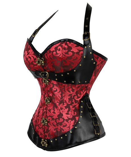 Women's Steampunk Halter Corset Top - Brocade & Buckle Goth-Chic for Halloween & Fall Parties
