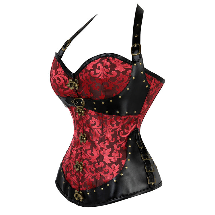 Women's Steampunk Halter Corset Top - Brocade & Buckle Goth-Chic for Halloween & Fall Parties