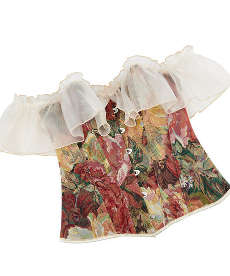 Autumn Enchantment Floral Tapestry Corset Top - Romantic Off-Shoulder Ruffle