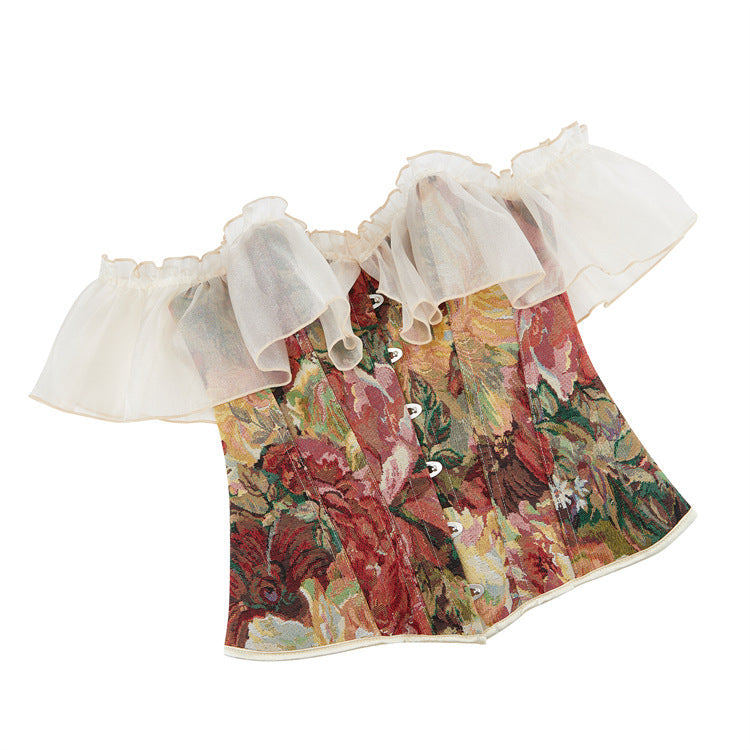 Autumn Enchantment Floral Tapestry Corset Top - Romantic Off-Shoulder Ruffle