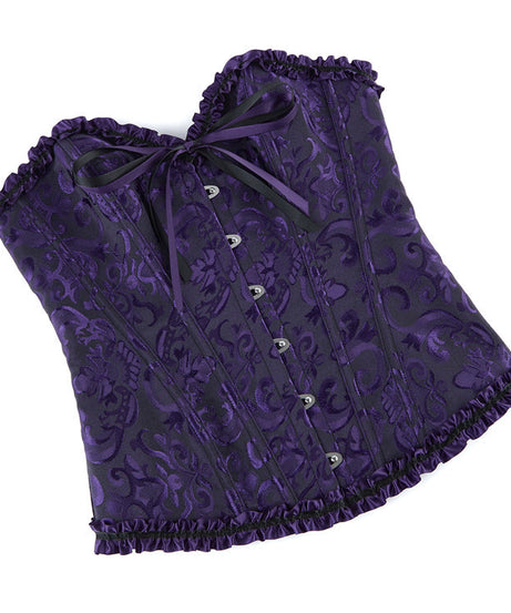 Enchanting Plum Brocade Corset Top with Ruffle Trim | Perfect for Halloween, Fall & Holiday Parties