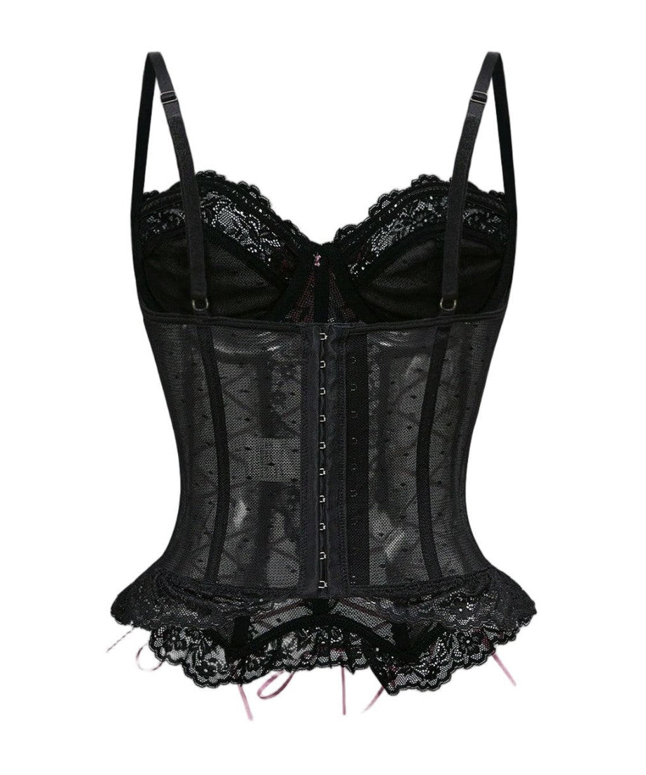 Gothic Romance Black Lace Corset Top with Pink Ribbon & Cross Charm - Halloween & Party Ready!