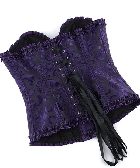 Enchanting Plum Brocade Corset Top with Ruffle Trim | Perfect for Halloween, Fall & Holiday Parties
