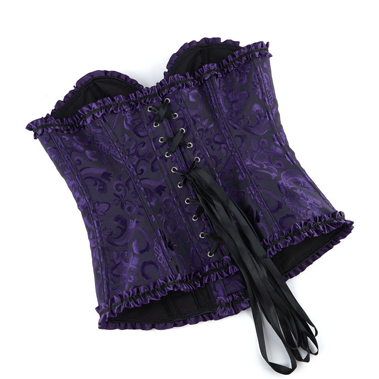 Enchanting Plum Brocade Corset Top with Ruffle Trim | Perfect for Halloween, Fall & Holiday Parties