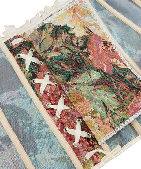 Autumn Enchantment Floral Tapestry Corset Top - Romantic Off-Shoulder Ruffle