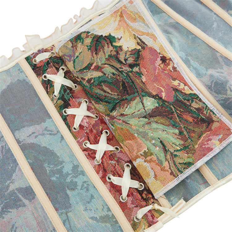 Autumn Enchantment Floral Tapestry Corset Top - Romantic Off-Shoulder Ruffle