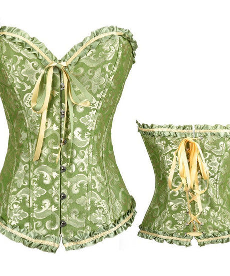 Enchanting Plum Brocade Corset Top with Ruffle Trim | Perfect for Halloween, Fall & Holiday Parties