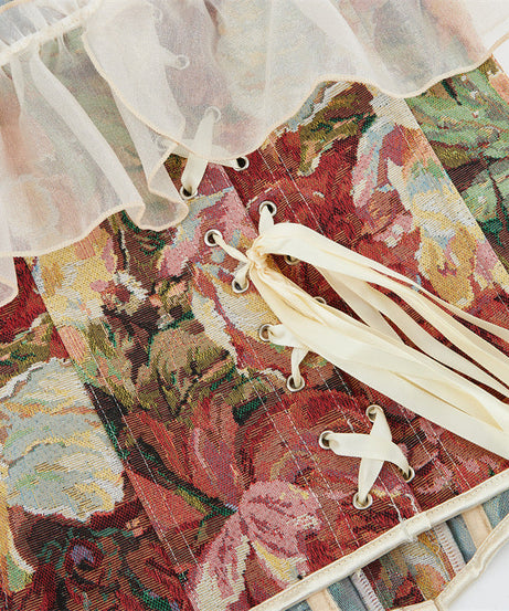 Autumn Enchantment Floral Tapestry Corset Top - Romantic Off-Shoulder Ruffle