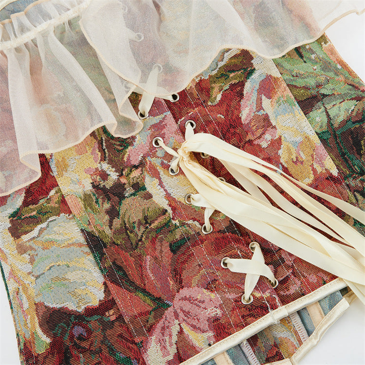 Autumn Enchantment Floral Tapestry Corset Top - Romantic Off-Shoulder Ruffle