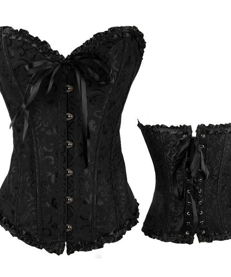 Enchanting Plum Brocade Corset Top with Ruffle Trim | Perfect for Halloween, Fall & Holiday Parties