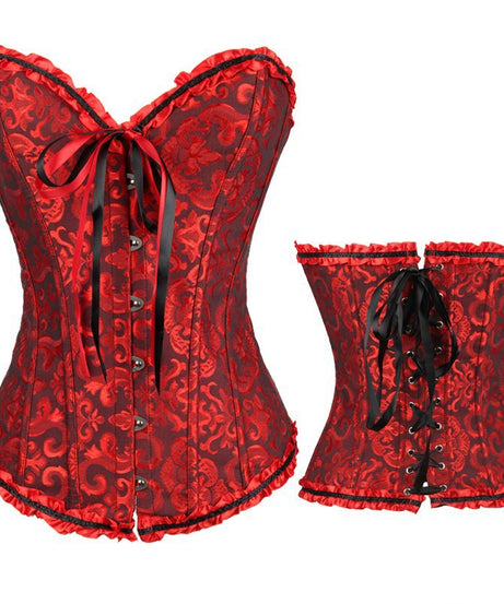 Enchanting Plum Brocade Corset Top with Ruffle Trim | Perfect for Halloween, Fall & Holiday Parties