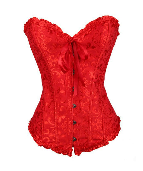 Enchanting Plum Brocade Corset Top with Ruffle Trim | Perfect for Halloween, Fall & Holiday Parties