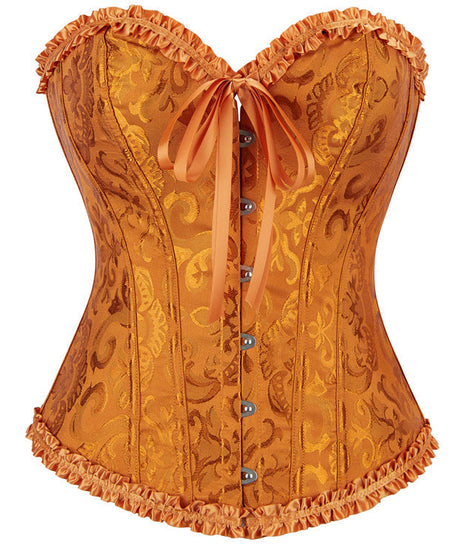 Enchanting Plum Brocade Corset Top with Ruffle Trim | Perfect for Halloween, Fall & Holiday Parties