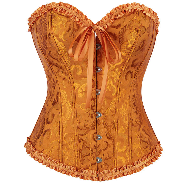 Enchanting Plum Brocade Corset Top with Ruffle Trim | Perfect for Halloween, Fall & Holiday Parties