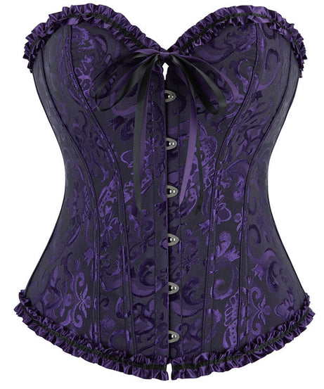 Enchanting Plum Brocade Corset Top with Ruffle Trim | Perfect for Halloween, Fall & Holiday Parties
