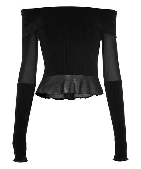 Chic Off-Shoulder Ribbed Knit & Sheer Mesh Top - Your Go-To for Fall/Winter Nights & Holiday Glam