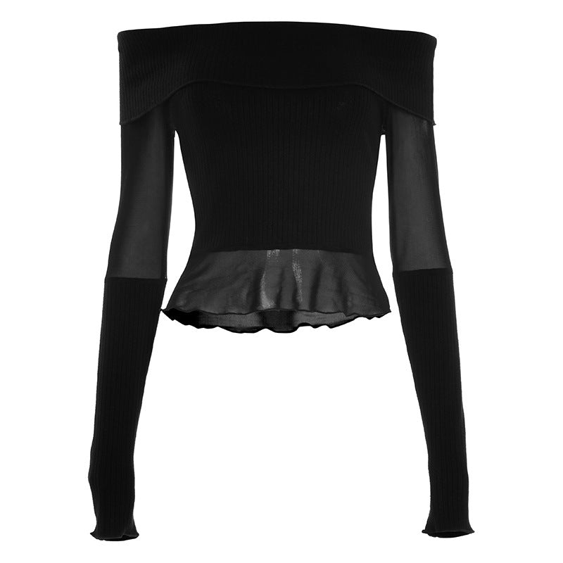 Chic Off-Shoulder Ribbed Knit & Sheer Mesh Top - Your Go-To for Fall/Winter Nights & Holiday Glam