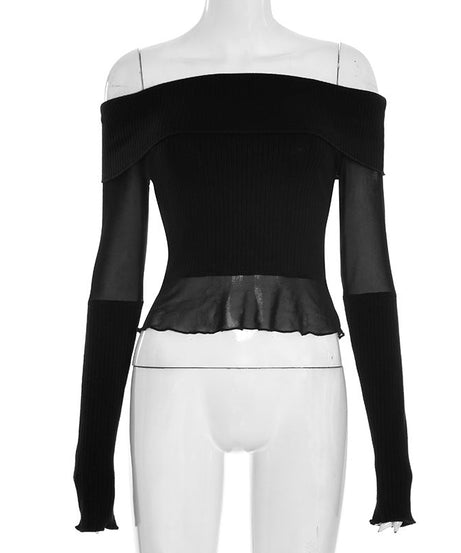 Chic Off-Shoulder Ribbed Knit & Sheer Mesh Top - Your Go-To for Fall/Winter Nights & Holiday Glam