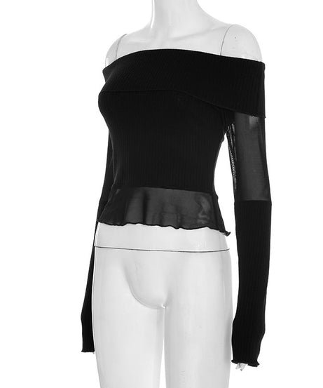 Chic Off-Shoulder Ribbed Knit & Sheer Mesh Top - Your Go-To for Fall/Winter Nights & Holiday Glam