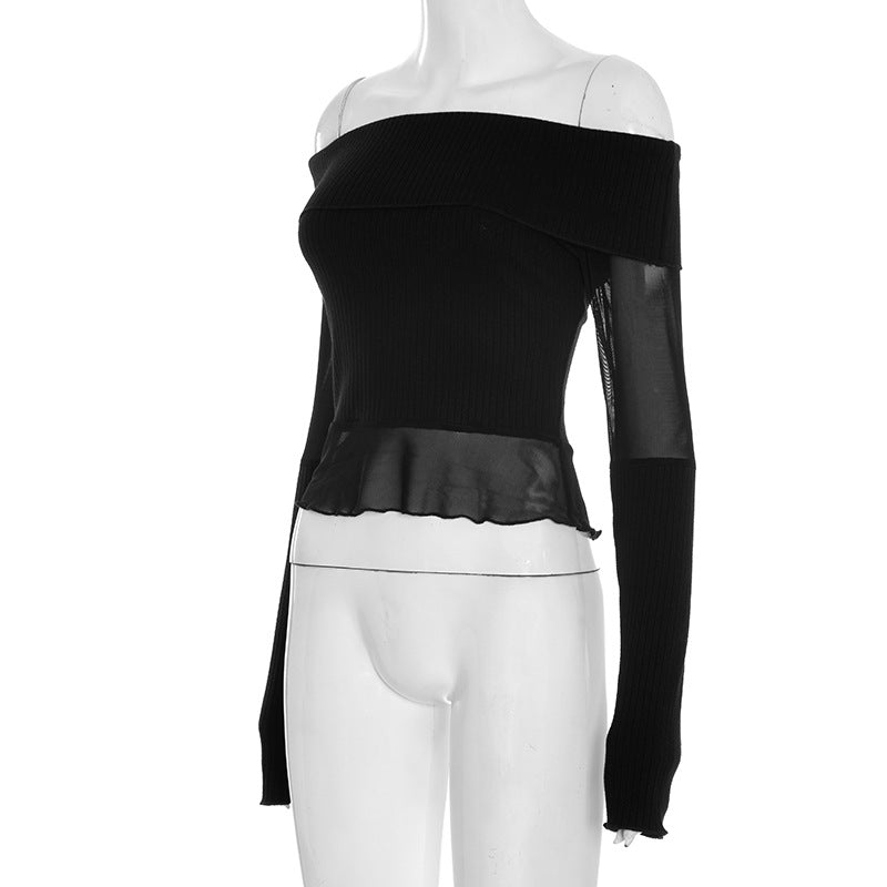 Chic Off-Shoulder Ribbed Knit & Sheer Mesh Top - Your Go-To for Fall/Winter Nights & Holiday Glam
