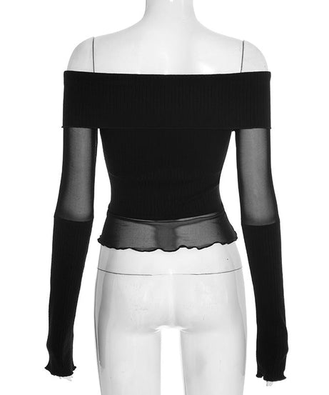 Chic Off-Shoulder Ribbed Knit & Sheer Mesh Top - Your Go-To for Fall/Winter Nights & Holiday Glam