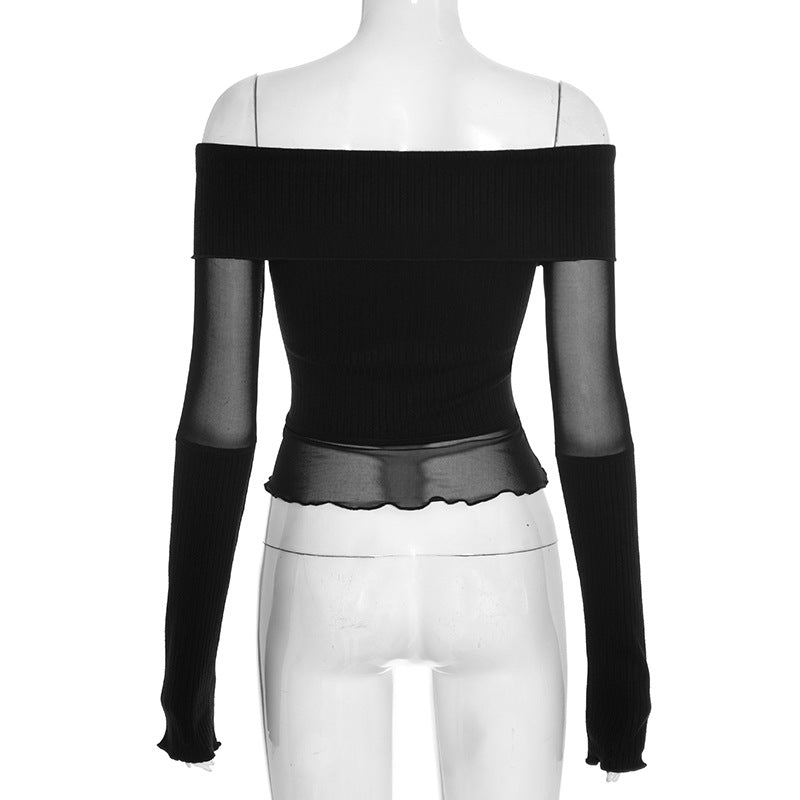 Chic Off-Shoulder Ribbed Knit & Sheer Mesh Top - Your Go-To for Fall/Winter Nights & Holiday Glam