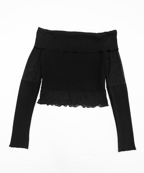 Chic Off-Shoulder Ribbed Knit & Sheer Mesh Top - Your Go-To for Fall/Winter Nights & Holiday Glam