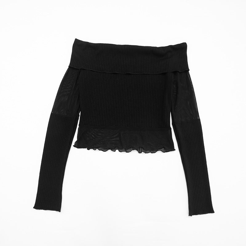 Chic Off-Shoulder Ribbed Knit & Sheer Mesh Top - Your Go-To for Fall/Winter Nights & Holiday Glam