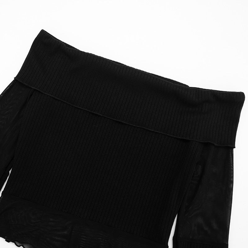 Chic Off-Shoulder Ribbed Knit & Sheer Mesh Top - Your Go-To for Fall/Winter Nights & Holiday Glam