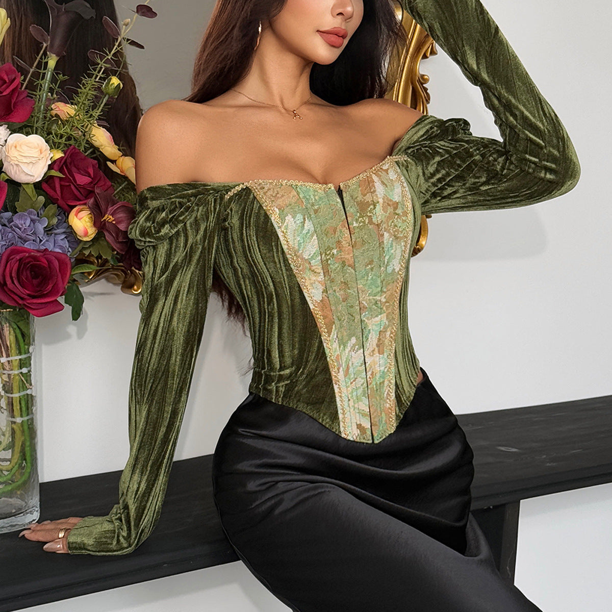 Emerald Velvet Off-Shoulder Corset Top - Festive Holiday & Date Night Glamour