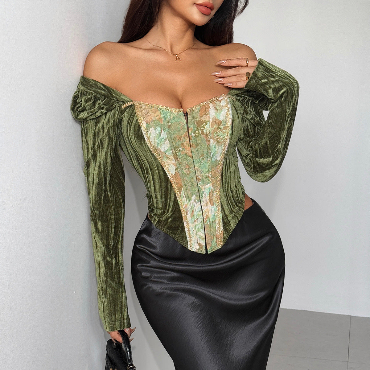 Emerald Velvet Off-Shoulder Corset Top - Festive Holiday & Date Night Glamour