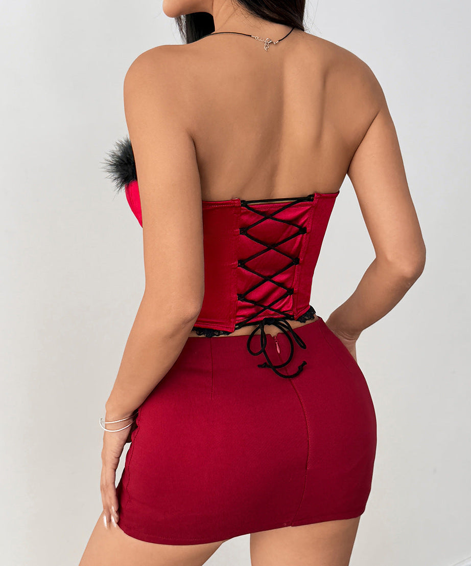 Sultry Red Feather & Lace Trim Satin Bustier Top - Your Holiday Party & NYE Statement