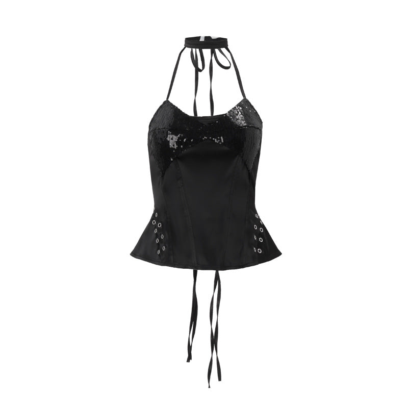 Chic Black Sequin Halter Top – Edgy Lace-Up Detail for Holiday Parties & NYE