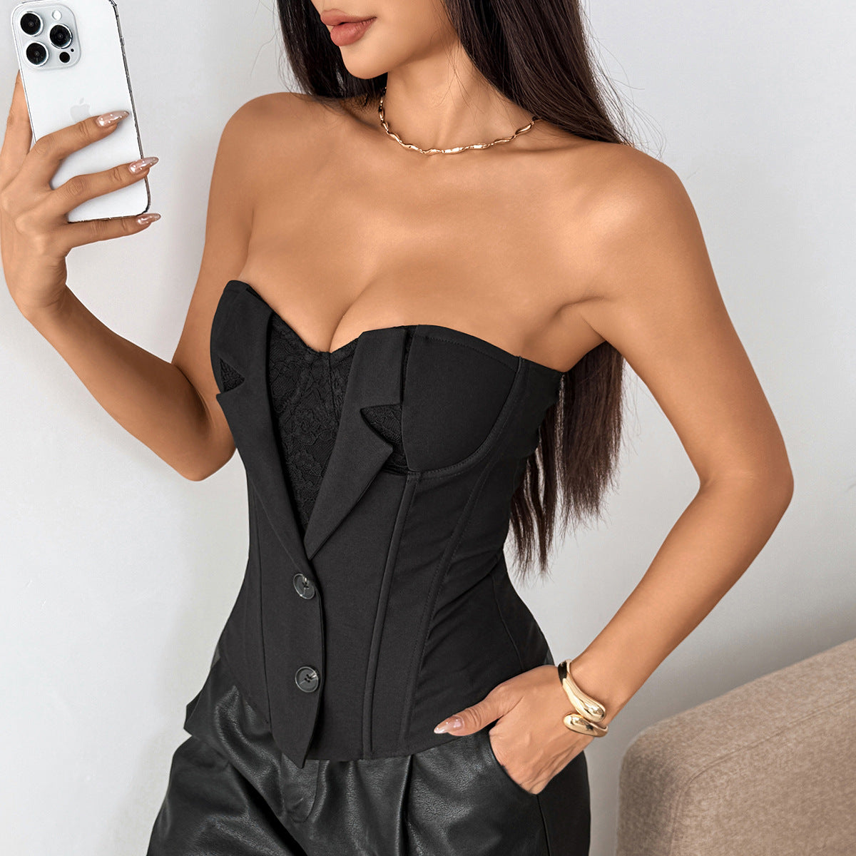 Chic Black Tailored Strapless Corset Top - Your Essential for Holiday Soirees & Date Nights