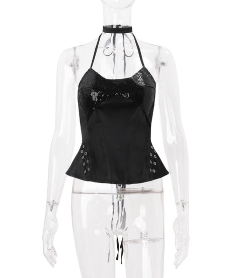 Chic Black Sequin Halter Top – Edgy Lace-Up Detail for Holiday Parties & NYE