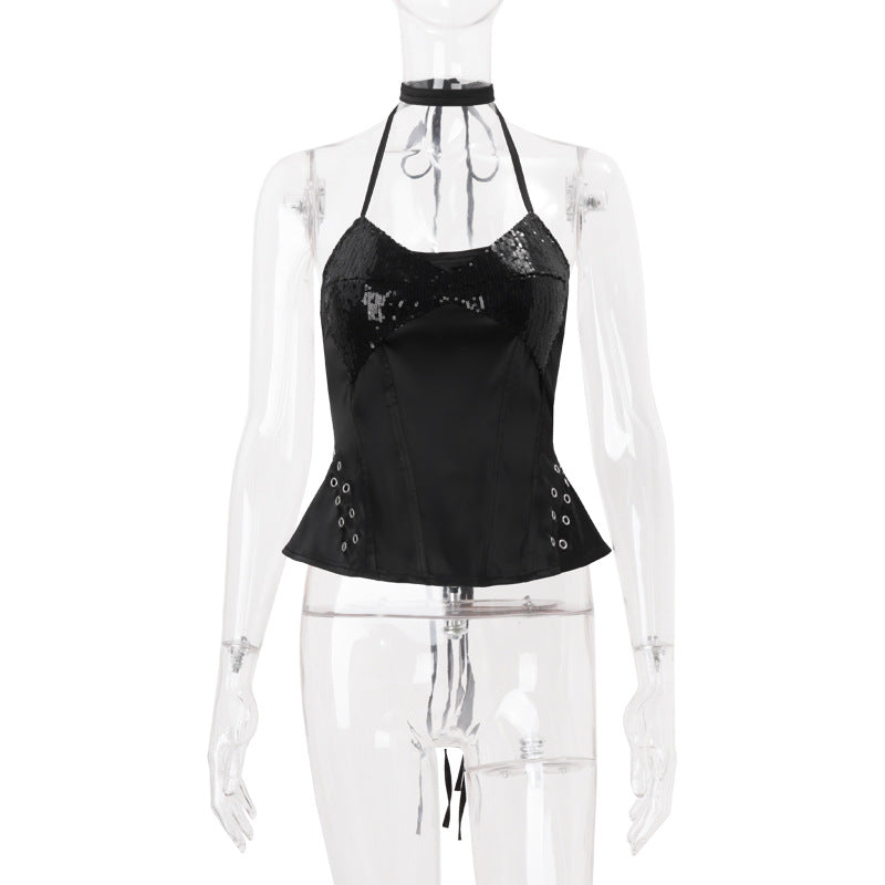 Chic Black Sequin Halter Top – Edgy Lace-Up Detail for Holiday Parties & NYE