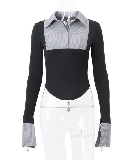 Effortless Chic Contrast Stripe Long Sleeve Polo Top - Your Fall & Holiday Go-To