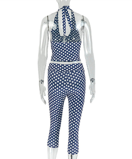 Retro-Chic Polka Dot Halter Top & Capri Set – Your Essential Winter Getaway & Resort Wear