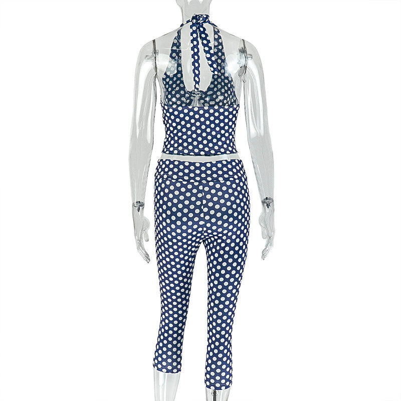 Retro-Chic Polka Dot Halter Top & Capri Set – Your Essential Winter Getaway & Resort Wear
