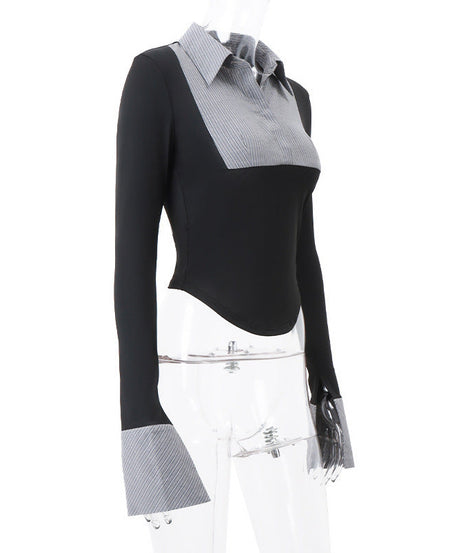 Effortless Chic Contrast Stripe Long Sleeve Polo Top - Your Fall & Holiday Go-To