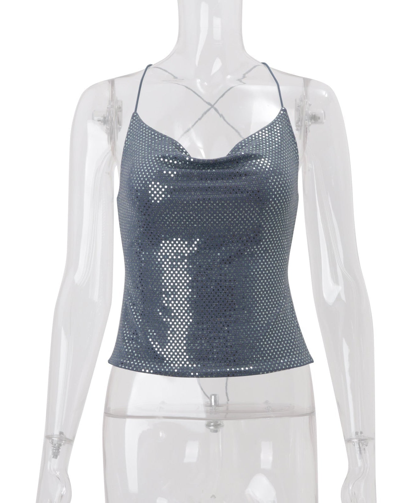 Dazzling Sequin Cowl Neck Cami Top – Adjustable Cross-Back for Holiday Parties & NYE