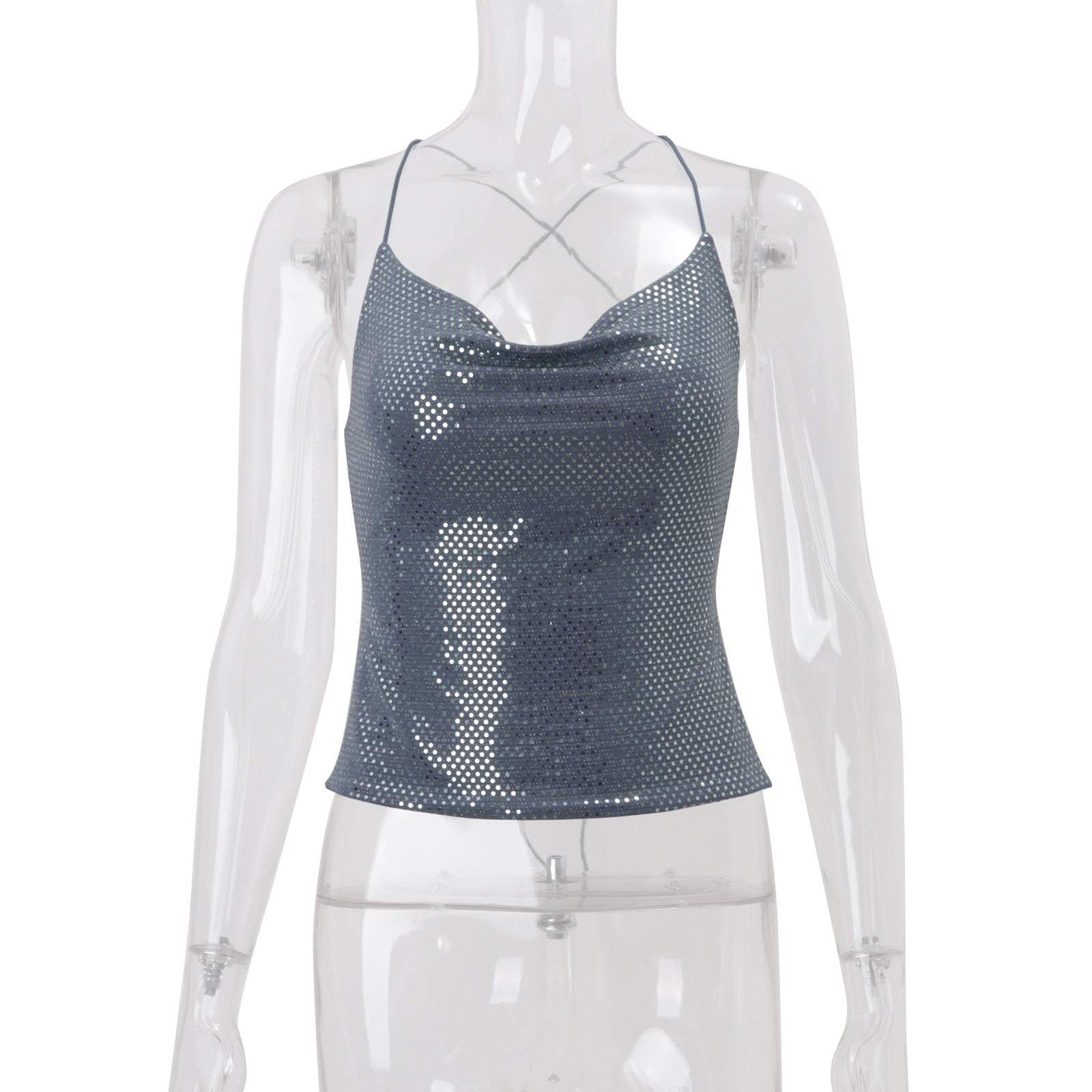 Dazzling Sequin Cowl Neck Cami Top – Adjustable Cross-Back for Holiday Parties & NYE